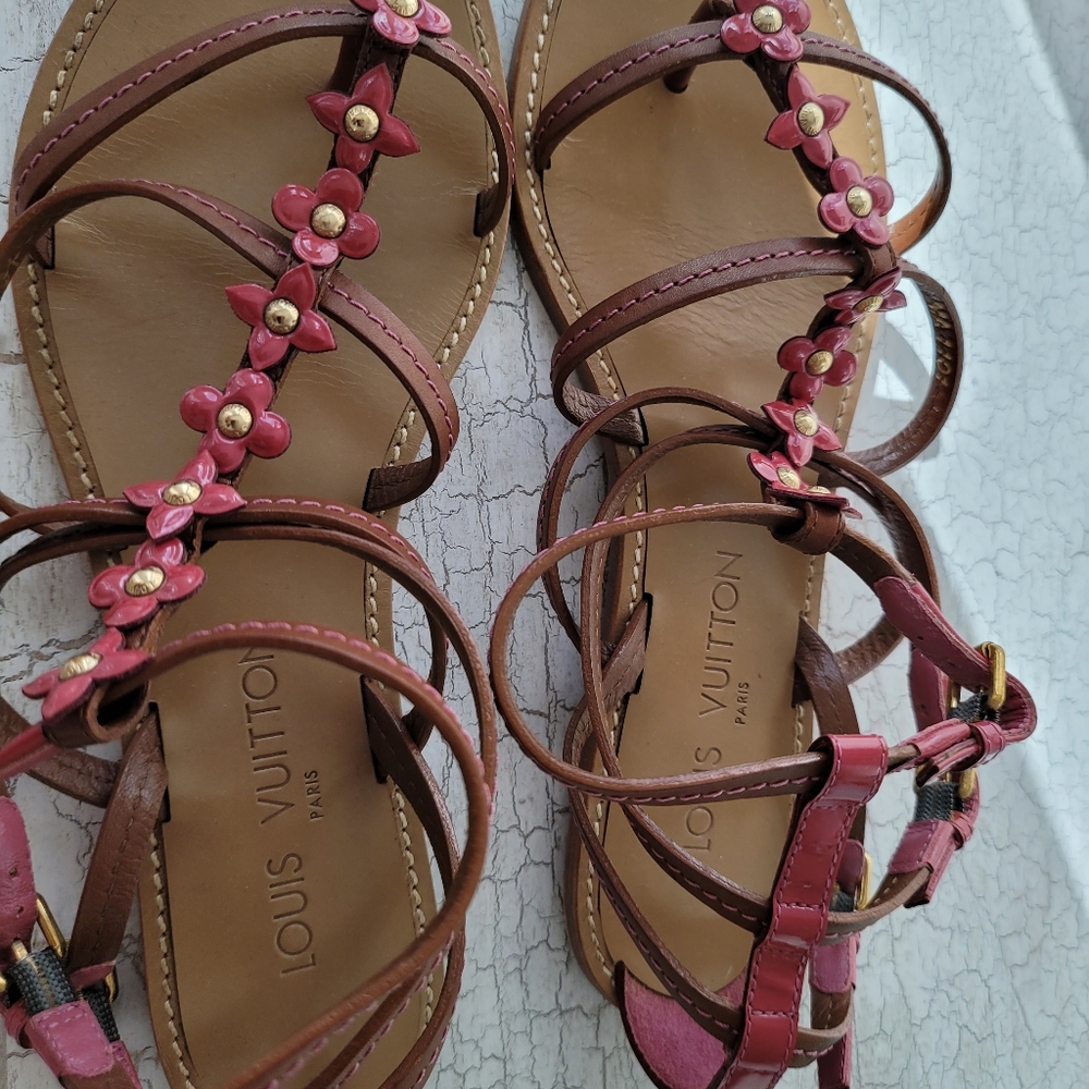 Authentic size 37 Louis Vuitton cage sandals brown leather & dark pink flowers - Picture 6 of 9